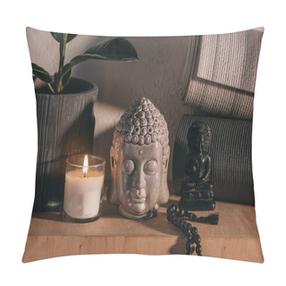 Personality  Sculptures Of Buddha And Yoga Mats On Wooden Shelf  Pillow Covers