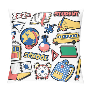 Personality  Fashion Badges, Patches, Stickers In Comic Style Education School Theme With Books, Globe And Backpack. Vector Retro Background Pillow Covers