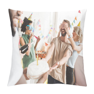 Personality  Smiling Young People Covering Eyes Of Young Friend And Greeting Him With Birthday Cake Pillow Covers
