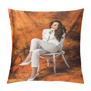 Personality  Attractive Girl With Long Hair In White Suit Sitting On Chair On Textured Background Pillow Covers