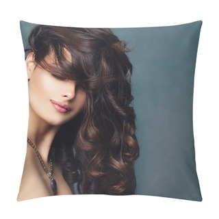 Personality  Brunette Lady With Permed Hair. Gorgeous Woman With Curly Hairstyle Pillow Covers