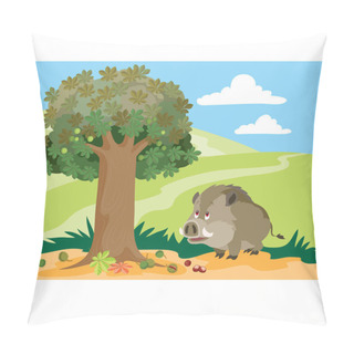 Personality  A Big Wild Boar Is Standing Under An Oak Tree And Is Going To Look For Acorns, Cartoon Illustration, Vector, Eps Pillow Covers