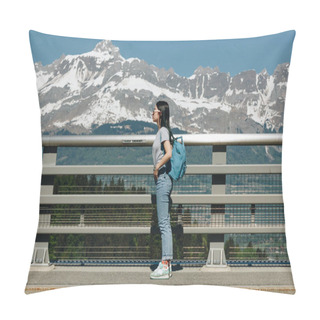 Personality  Side View Of Girl With Backpack Standing Near Fence In Majestic Majestic, Mont Blanc, Alps Pillow Covers