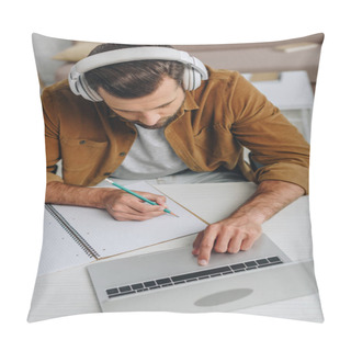 Personality  High Angle View Of Man Listening Music, Writing In Notebook And Using Laptop  Pillow Covers