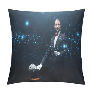 Personality  Happy Magician In Suit Showing Trick With Wand And White Rabbit In Hat, Dark Room With Smoke And Glowing Illustration Pillow Covers