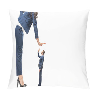 Personality  Big Businesswoman Showing Stop Sign Near Small Businessman Isolated On White Pillow Covers