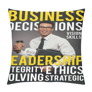 Personality  Happy African American Businessman Holding Newspaper, Coffee To Go And Leather Briefcase On Dark Background With Business Words Illustration Pillow Covers