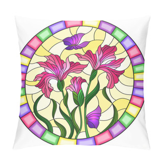Personality  Illustration In Stained Glass Style Flower Of Pink Irises And Purple Butterflies On A Yellow  Background In A Bright Frame,oval  Image Pillow Covers