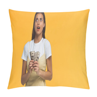 Personality  Pensive Young Woman Holding Dollar Banknotes Isolated On Yellow Pillow Covers