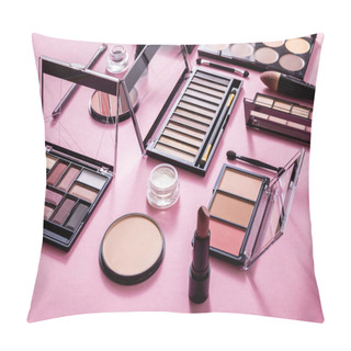 Personality  Eye Shadow And Blush Palettes Near Face Powder, Cosmetic Brushes And Lipstick On Pink  Pillow Covers
