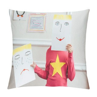 Personality  Kid Holding Two Paintings With Happy And Sad Faces Pillow Covers