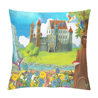Personality  Cartoon Scene With A Castle And A Tree House In The Forest - Stage For Different Usage - For Fairy Tales - Book Or Game - Illustration For Children Pillow Covers