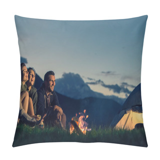 Personality  Three Friends Camping With Fire On Mountain At Sunset Pillow Covers