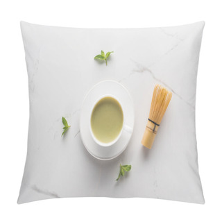 Personality  Top View Of Matcha Tea With Mint On White Table Pillow Covers