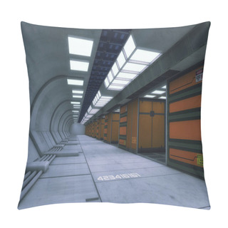 Personality  3D Rendering. Futuristic Interior Corridor Spaceship Pillow Covers