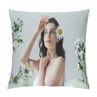 Personality  Young Woman With Flower In Brunette Hair Posing Near Chamomiles Isolated On Grey  Pillow Covers