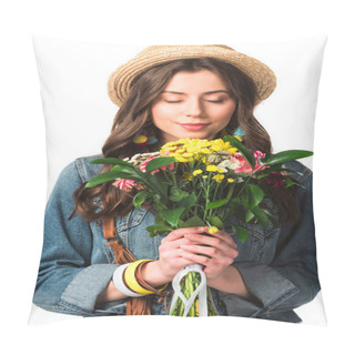 Personality  Happy Boho Girl In Straw Hat Holding Flowers With Closed Eyes Isolated On White Pillow Covers