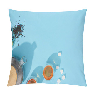 Personality  Top View Of Fresh Tea In Cups And Teapot, Sugar Cubes, Dry Herbal Tea And Sliced Lemon On Blue  Pillow Covers