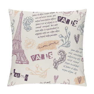 Personality  Paris. Vintage Seamless Pattern With Eiffel Tower, Flowers, Feathers And Text. Retro Hand Drawn Vector Illustration. Pillow Covers