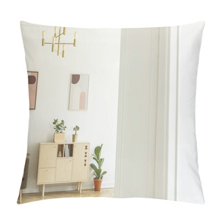 Personality  Retro Style Apartment Interior With A Minimalist, Wooden Cabinet In A Bright Living Room Interior With Plants And Posters On A White Wall. Real Photo. Pillow Covers