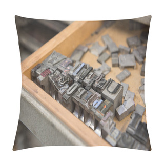 Personality  Vintage Lead Letterpress Printing Blocks Against A Weathered Wooden Drawer Background With Bokeh. Pillow Covers