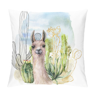 Personality  Watercolor And Sketch Desert Landscapes Card With Lama. Hand Painted Golden And Black Mexican Cactus, Sky And Clouds. Botanical Illustration Isolated On White Background For Design, Print, Fabric. Pillow Covers