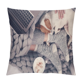 Personality  Woman In Cozy Home Clothes Relaxing At Home With Sleeping Dog Jack Russel Terrier, Drinking Cacao, Using Laptop, Top View. Comfy Lifestyle. Pillow Covers