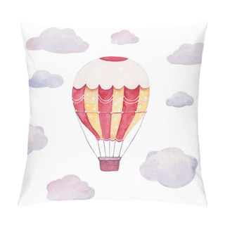 Personality  Hand Drawn Watercolor Illustration - Red And Yellow Stripes Balloon In The Sky Pillow Covers