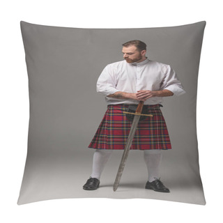 Personality  Scottish Redhead Man In Red Kilt With Sword On Grey Background Pillow Covers