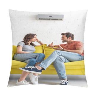 Personality  Smiling Man And Woman Sitting On Yellow Sofa Under Air Conditioner At Home Pillow Covers