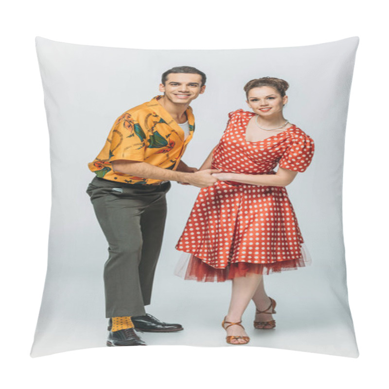 Personality  elegant dancers holding hands while dancing boogie-woogie on grey background pillow covers