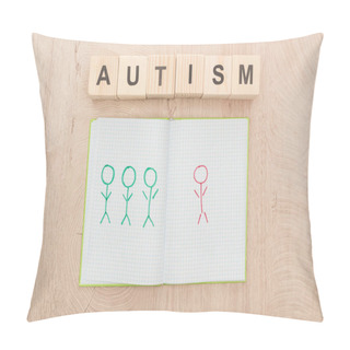 Personality  Top View Of Opened Notebook With Drawn Different Humans Near Wooden Cubes With Autism Lettering Pillow Covers