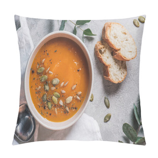 Personality  Top View Of Bowl With Pumpkin Cream Soup With Seeds And Bread On Table  Pillow Covers