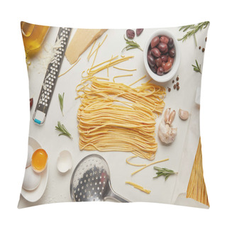 Personality  Flat Lay With Italian Pasta Ingredients, Ladle And Grater Arranged On White Tabletop Pillow Covers