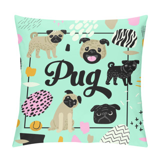 Personality  Cute Dogs Design. Childish Background With Pug Puppies And Abstract Elements. Baby Freehand Doodle For Cover, Decor. Vector Illustration Pillow Covers