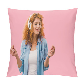Personality  Curly Woman Listening Music In Headphones, Isolated On Pink Pillow Covers