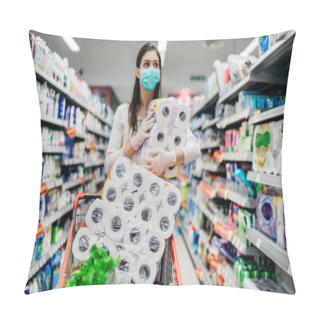 Personality  Toilette Paper Shortage.Woman With Hygienic Mask Shopping For Toilette Paper Supplies Due To Panic Buying And Product Hoarding During Virus Epidemic Outbreak.Hygiene Products Deficiency Pillow Covers