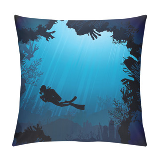 Personality  Coral Reef With Silhouette Of Diver Pillow Covers