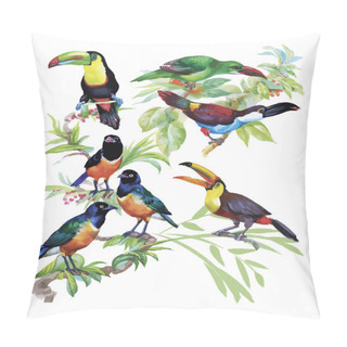 Personality  Watercolor Hand Drawn Pattern With Tropical Summer Flowers Of And Exotic Birds Pillow Covers