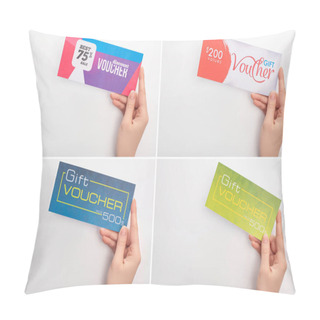 Personality  Collage Of Woman Holding Gift Vouchers On White Background Pillow Covers