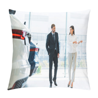 Personality  Handsome Man With Hand In Pocket Walking Near Attractive Car Dealer  Pillow Covers