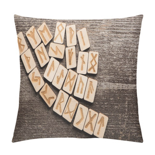 Personality  Top View Of Ethnic Runes On Wooden Surface With Copy Space Pillow Covers