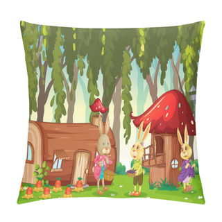 Personality  Outdoor Scene With Many Rabbit Cartoon Character In The Garden Illustration Pillow Covers