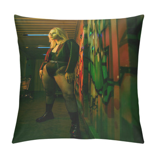 Personality  A Woman Standing Next To A Vibrant, Multi-colored Wall Pillow Covers