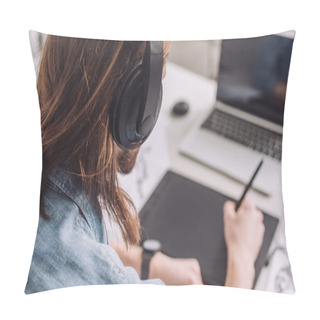 Personality  Selective Focus Of Animator Listening Music In Headphones  Pillow Covers