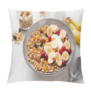 Personality  Healthy Breakfast. Fresh Granola, Muesli With Yogurt Banana And Cranberry On Light Gray Background. Pillow Covers