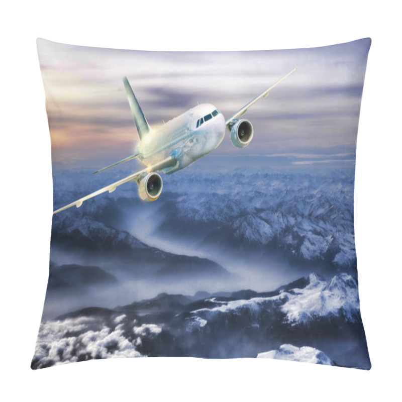 Personality  Airplane In The Sky Over Winter Alps At Amazing Colorful Sunset Pillow Covers