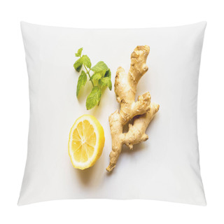 Personality  Top View Of Ginger Root, Lemon And Mint On White Background Pillow Covers