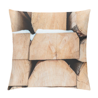 Personality  Brown Wooden Cut Logs Stacked In Pile And Covered With Snow Pillow Covers