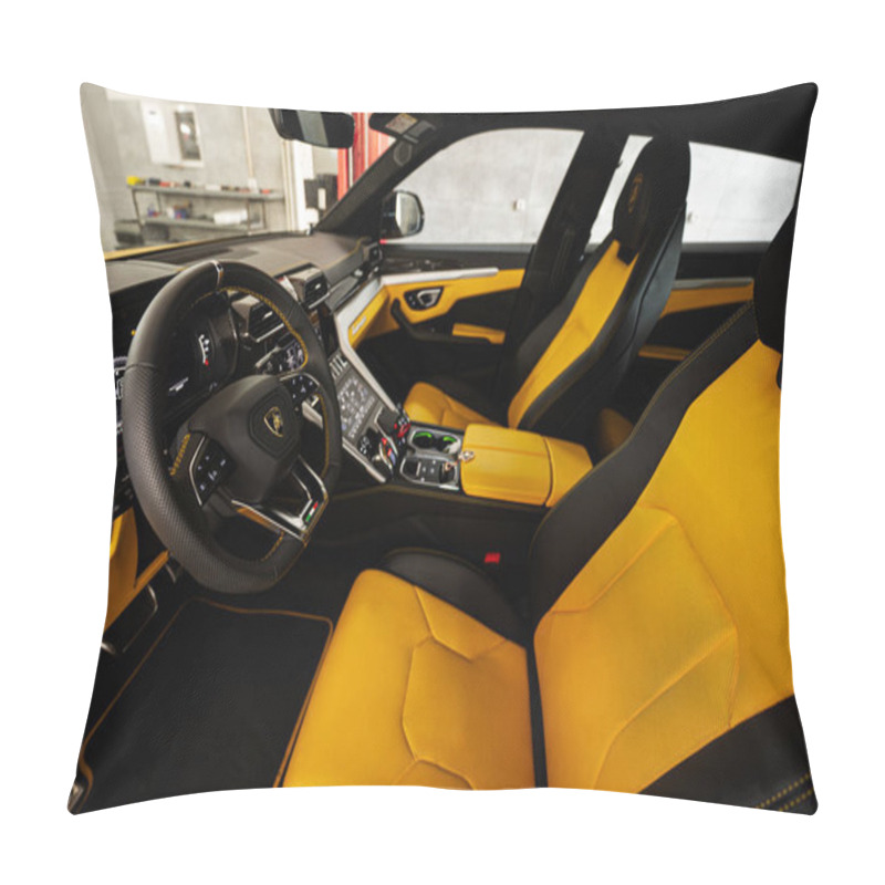 Personality  Ternopil, Ukraine- November 11, 2022:  Car Interior Of Yellow Lamborghini Urus. Pillow Covers
